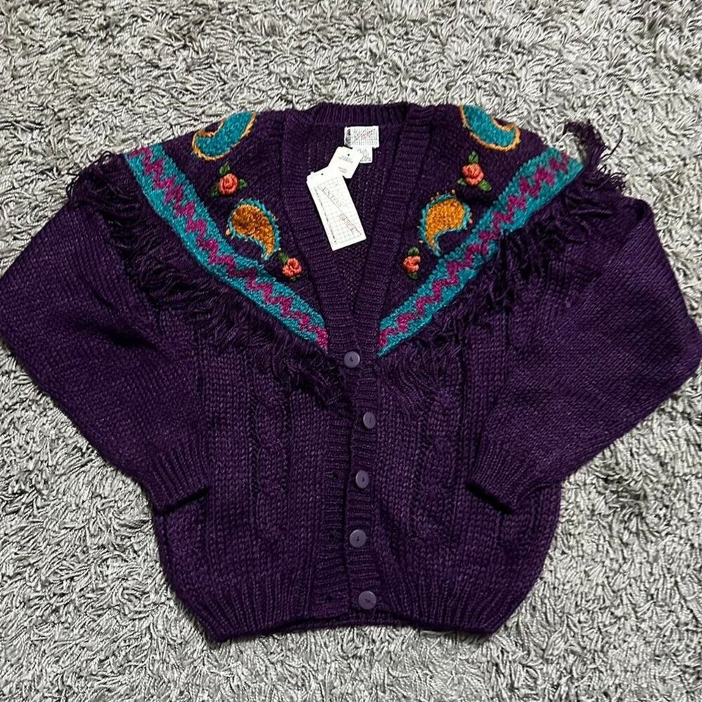 Vintage Retro Western Fringe Knit Cardigan Size L